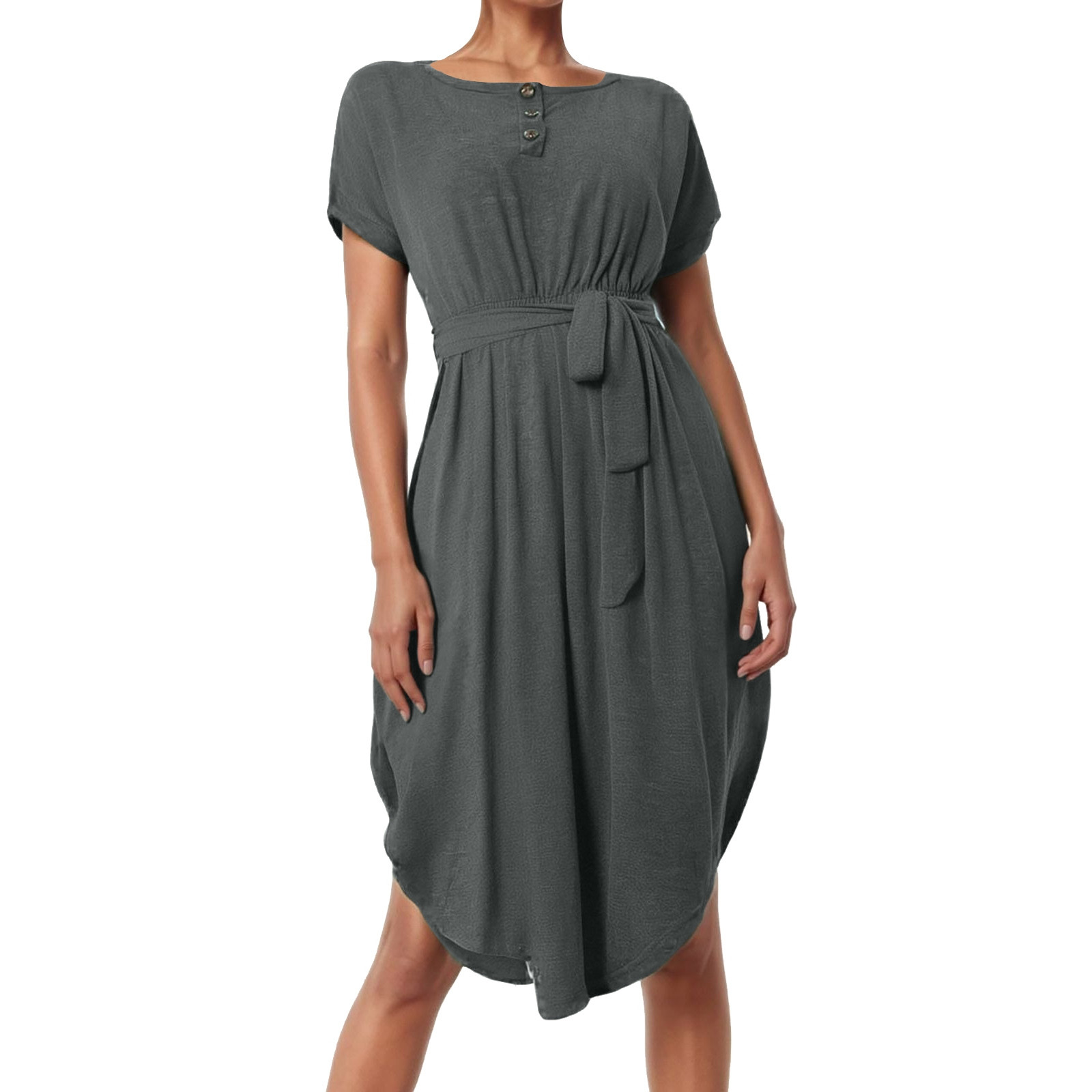 thumbnail image 1 of Vestido midi con cinturón y botones para mujer: estilo informal y fluido, tejido ligero, cinturón ajustable, apto para tres estaciones, 1 of 5